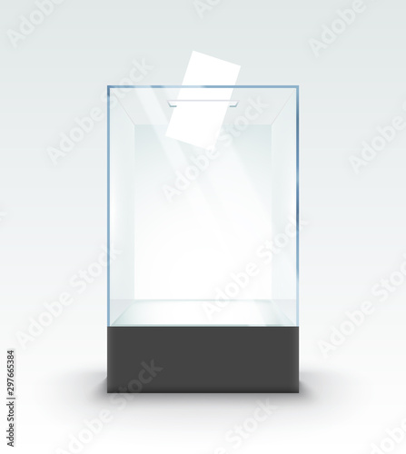 Transparent glass box ballot vote election. Empty container paper on standm voting box poll