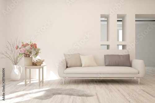 Stylish room in white color with sofa. Scandinavian interior design. 3D illustration