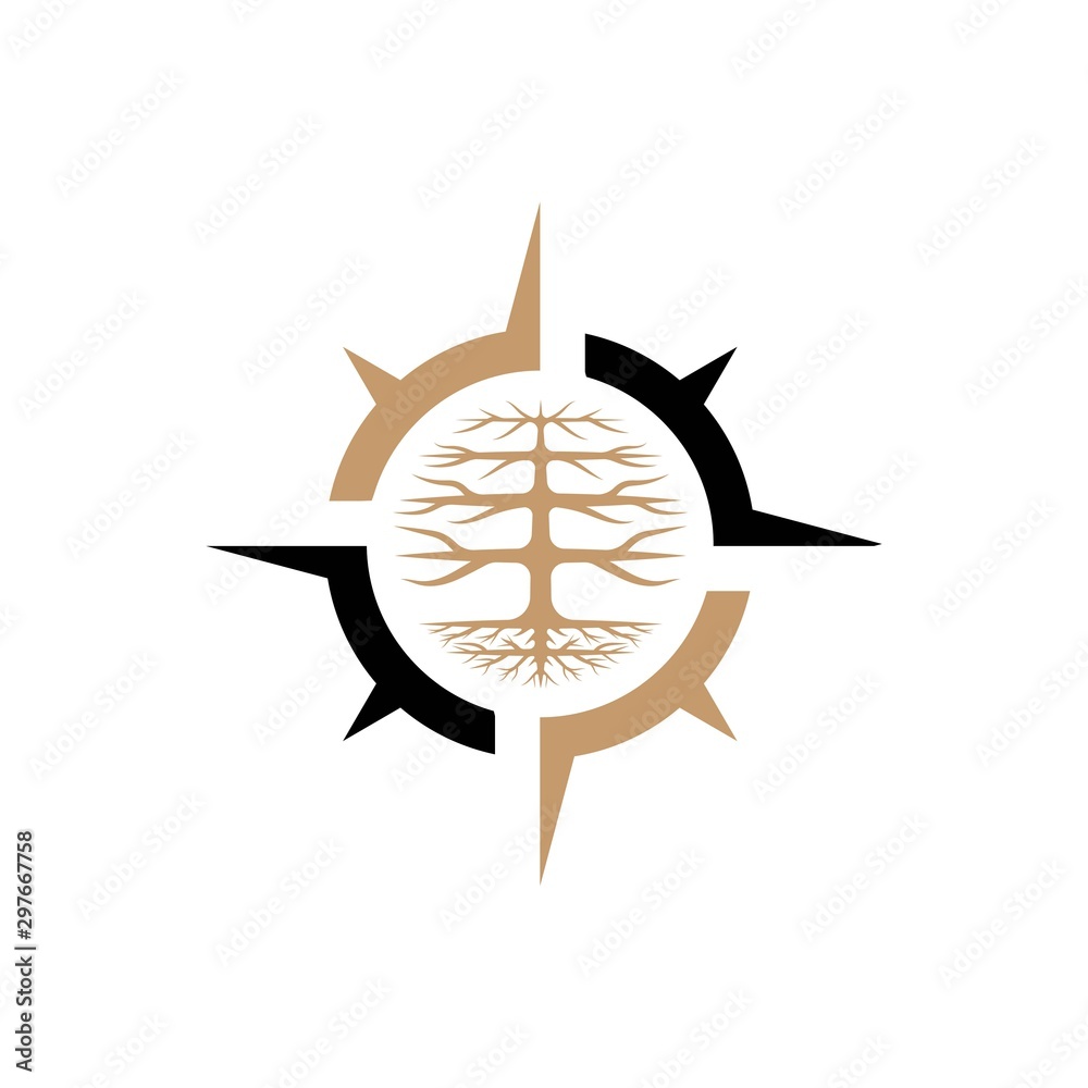 Obraz premium Compass with tree logo design vector template.creative destination symbol