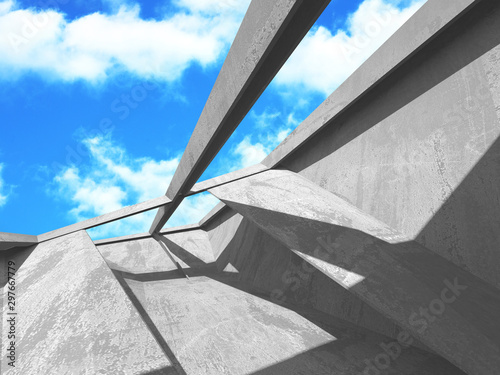 Concrete room wall construction on cloudy sky background