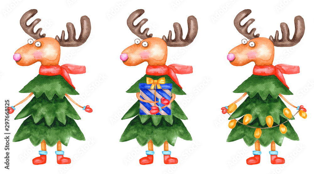 Set of deers in the Christmas tree. Watercolor New Year reindeer. Cute deers with gift and garland. Illustration isolated on a white background.