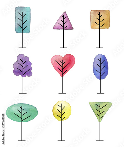 Simple colorful watercolor trees. Vector isolated graphic elements.