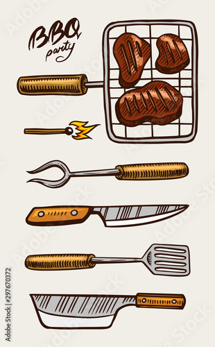Barbecue grill set in vintage style. Drawn by hand. Bbq party ingredients. Hot grill and tools, vegetables and spices. Vector illustration for menu or labels.