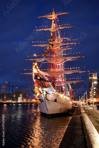 Photography Dublin, Ireland Port of Dublin and embouchure with illuminated vessel ship docke