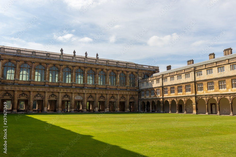 Sunshine view of Wren library,  Neville's Court, Trinity College, Cambridge University