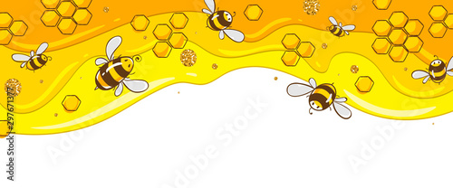 Horizontal banner with bees combs. Honey isolated on yellow background. Vector illustration EPS10. place your text here