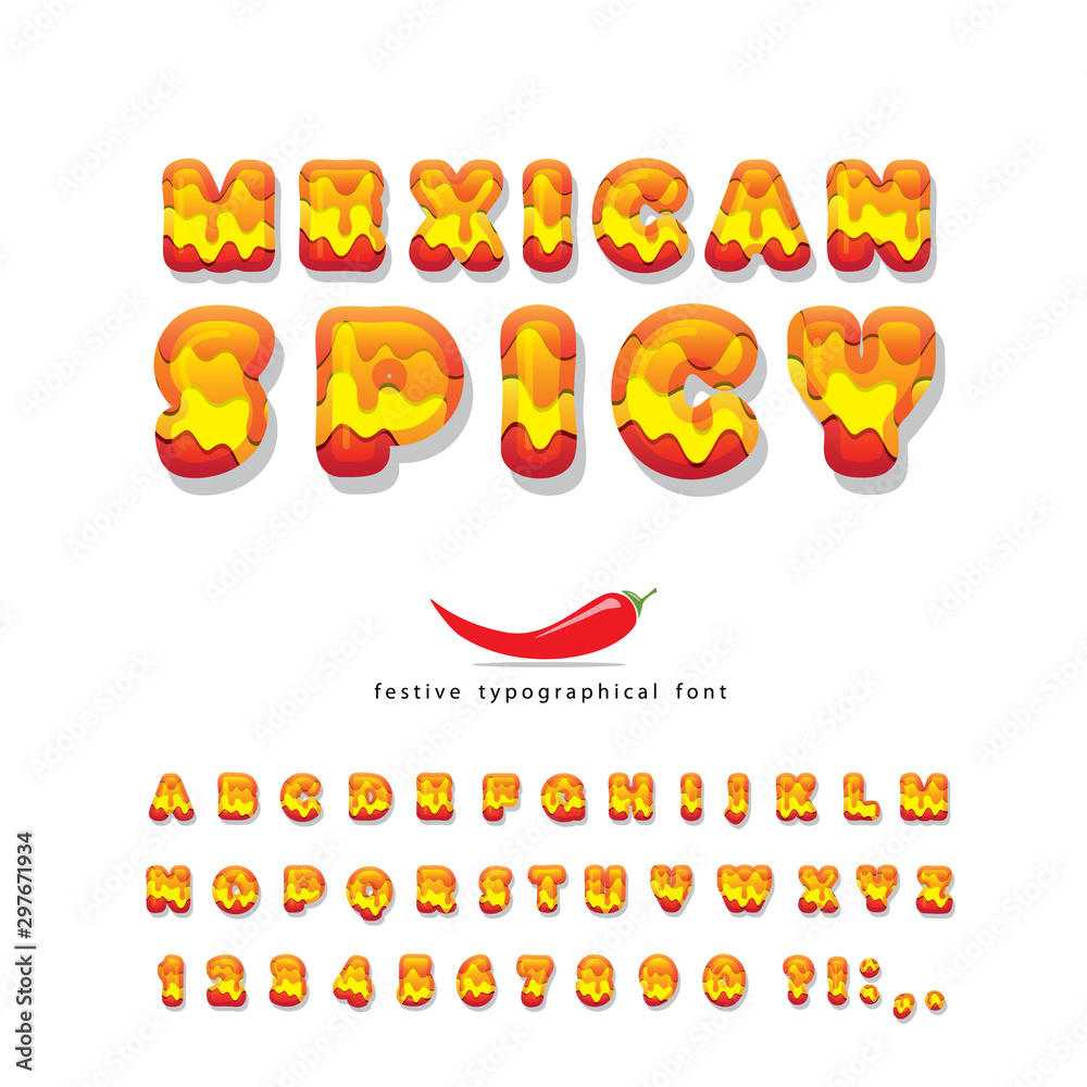 Mexican spicy cartoon font. Hot chili pepper burn decorative letters and numbers set isolated on white. Restaurant menu design. Vector