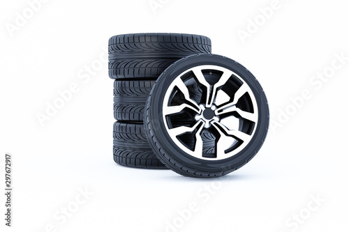 Car wheels isolated on a white background. 3D rendering.