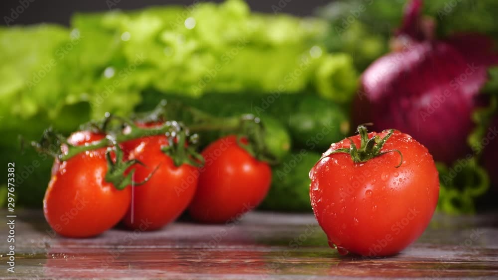 Fresh vegetables on the wooden table. It is raining. Focus on tomatoes on foreground. Nobody in the frame. Fresh vegetables on the wooden table. It is raining. Focus on tomatoes on foreground. Nobody in the frame.