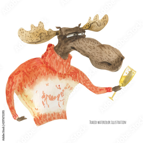 Christmas Moose in sweater drinking wine, traced watercolor