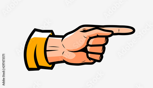 Pointing male hand in pop art style. Vector illustration