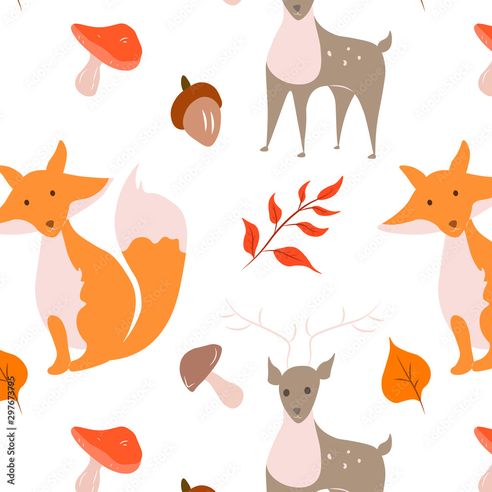 Pattern with forest animals. Forest and deer in autumn anthurade