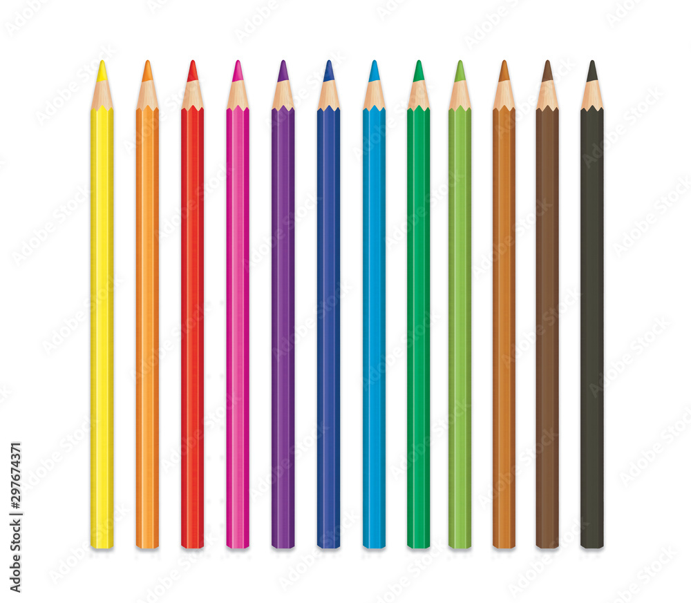 Twelve color pencils in row. Isolated graphic elements on white background. Graphic elements for kids and school. Twelve color pencils in row. Isolated graphic elements on white background. Graphic elements for kids and school.