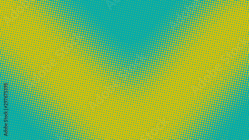 Turquoise and yellow pop art background with halftone dots in retro comic style, template for design