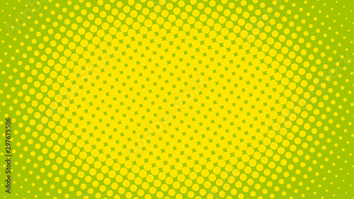 Abstract green and yellow pop art background with halftone dots in retro comic style, vector illustration eps10