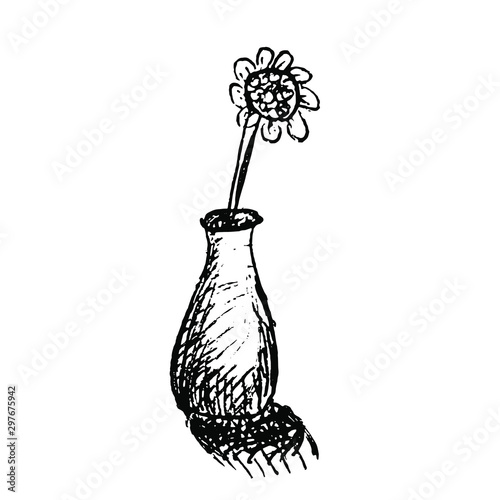 Black and white vector hand drawn sketch of a flower in a vase illustration