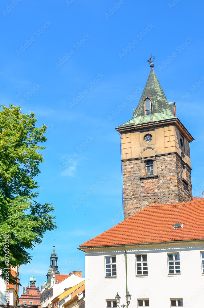 Historic Water Tower, Vodarenska vez, in Plzen, Czech Republic on a sunny day. Pilsen city, Western Bohemia, Czechia, Eastern Europe. Popular tourist attraction in the historical center of the town