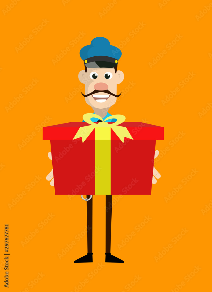 Cartoon Cop Policeman - Presenting a Gift Box Cartoon Cop Policeman - Presenting a Gift Box
