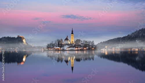 Amazing sunset at the lake Bled in winter, Slovenia, Europe.