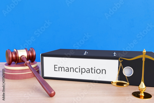 Obraz na plátne Emancipation – Folder with labeling, gavel and libra – law, judgement, lawyer