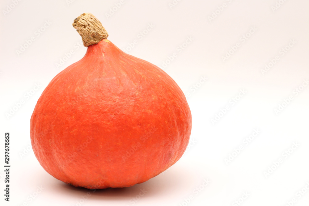 Isolated red kuri squash on a white background. Side view of a small pumpkin without the ridges.