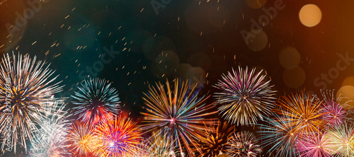 Colorful firework with bokeh background. New Year celebration  Abstract holiday background