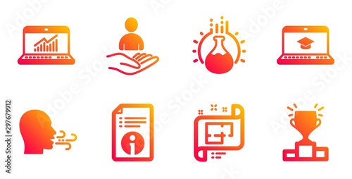 Architectural plan, Recruitment and Breathing exercise line icons set. Chemistry experiment, Technical info and Online statistics signs. Website education, Winner podium symbols. Vector