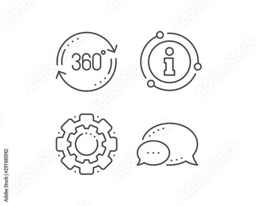 360 degree line icon. Chat bubble, info sign elements. Full rotation sign. VR technology simulation symbol. Linear full rotation outline icon. Information bubble. Vector