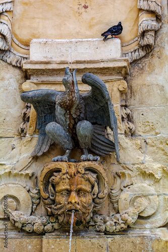 Black pigeon sitting on public drinking fountain, decorated with sculptures of eagle and male face, on the front of the main guard building in St Georges Square, Valletta, Malta.