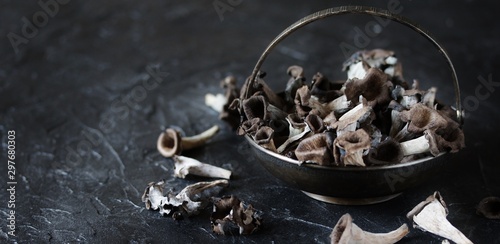 black chanterelle mushroom. Black Trumpet Mushroom.  photo