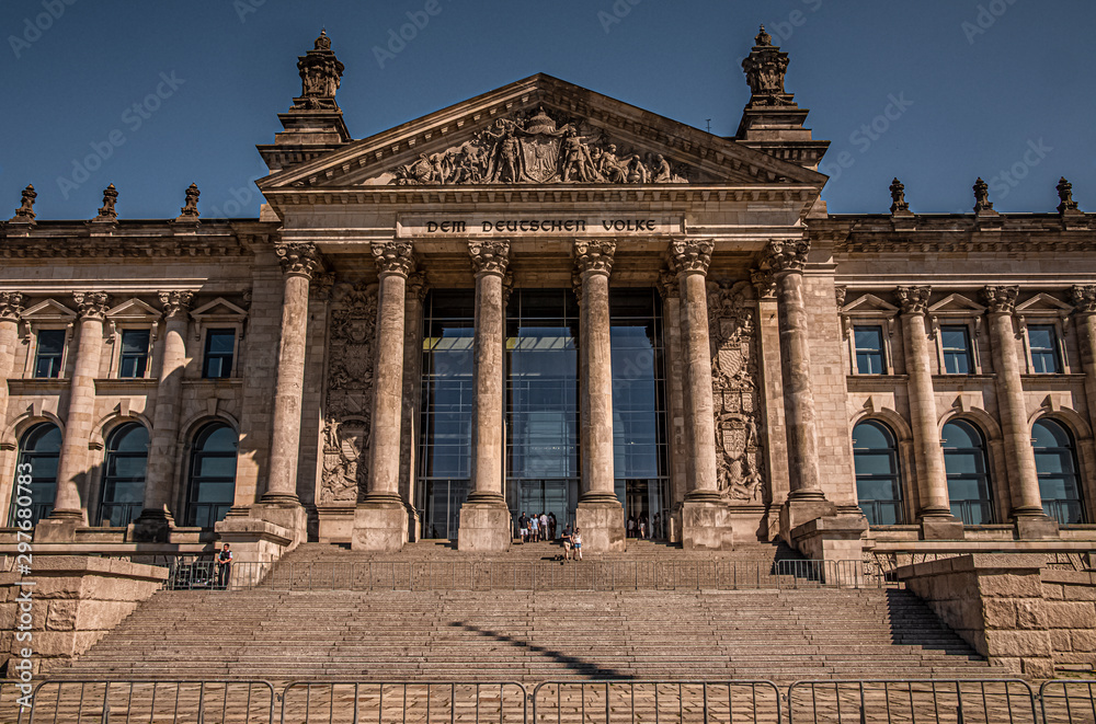 Fototapeta premium Germany, Berlin - August 23, 2019: Closed Reichstag on a sunny day.