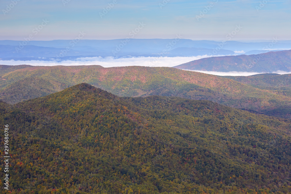 Scenic view from the summit of Flat Top mountain, the tallest member of the Peaks of Otter, a popular location in the Blue Ridge mountains near Lynchburg, Virginia