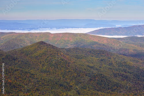 Scenic view from the summit of Flat Top mountain  the tallest member of the Peaks of Otter  a popular location in the Blue Ridge mountains near Lynchburg  Virginia