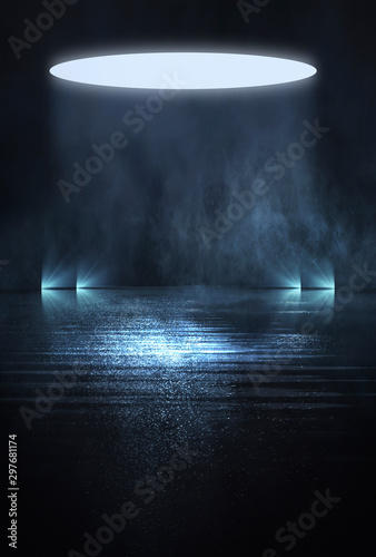 Empty background scene. Dark street reflection on the wet pavement. Rays neon light in the dark  neon figures  smoke. Night view of the street  the city. Abstract dark background. Abstract spotlight.