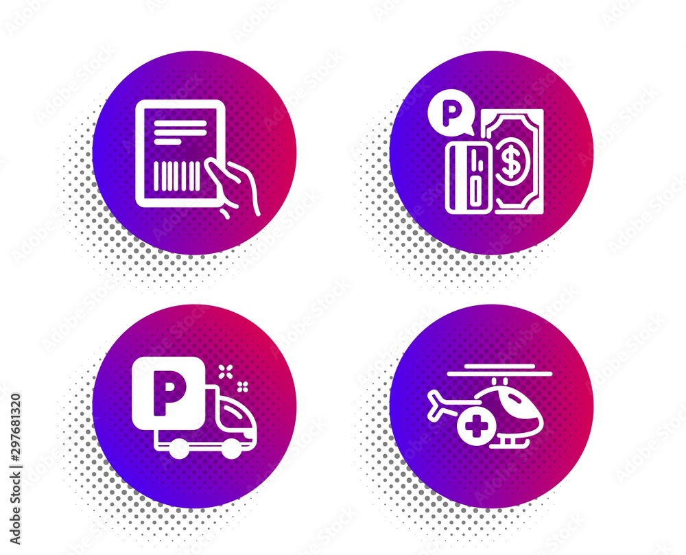 Parcel invoice, Truck parking and Parking payment icons simple set. Halftone dots button. Medical helicopter sign. Delivery document, Free park, Paid garage. Sky transport. Transportation set. Vector Parcel invoice, Truck parking and Parking payment icons simple set. Halftone dots button. Medical helicopter sign. Delivery document, Free park, Paid garage. Sky transport. Transportation set. Vector