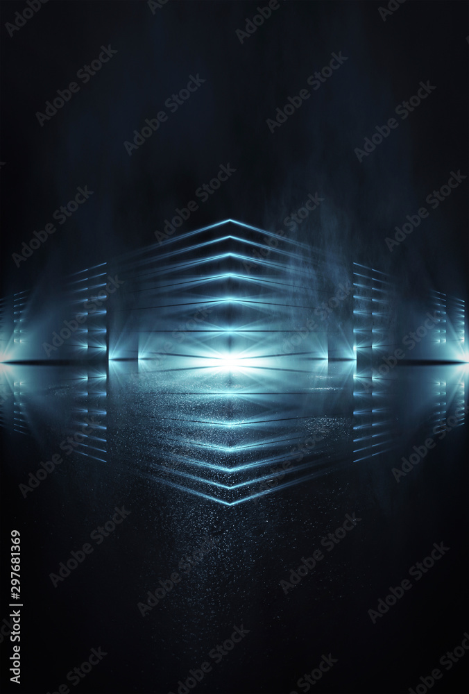 Obraz premium Empty background scene. Dark street reflection on the wet pavement. Rays neon light in the dark, neon figures, smoke. Night view of the street, the city. Abstract dark background. Abstract spotlight.