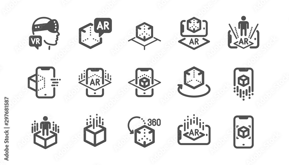 Augmented reality icons. VR simulation, Panorama view, 360 degrees. Virtual reality gaming, augmented, full rotation arrows icons. Classic set. Quality set. Vector