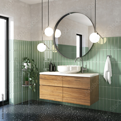 Photographie Green modern contemporary bathroom with black terrazzo floor