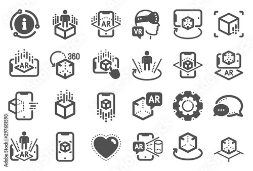 Augmented reality icons. VR simulation, Panorama view, 360 degree. Virtual reality gaming, augmented, full rotation arrows icons. 360 vr tour, virtual simulation device. Quality set. Vector