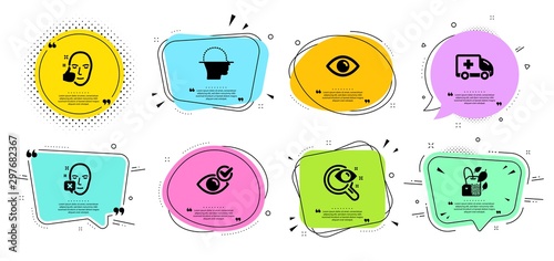 Eye, Ambulance emergency and Healthy face line icons set. Chat bubbles with quotes. Check eye, Vision test and Face declined signs. Mint bag symbol. View or vision, Medical transport. Vector