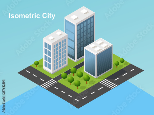 Isometric urban megalopolis top view of the city infrastructure town, street, houses, architecture 3d elements different buildings © podtin