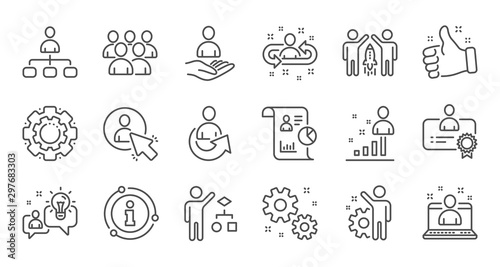 Management line icons. Business people, Algorithm and Group. Startup strategy linear icon set. Quality line set. Vector