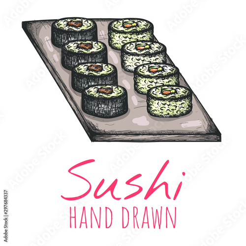 Maki sushi roll plate hand drawn illustration, isolated vector design.