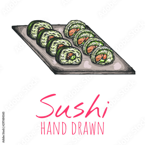 Maki sushi roll plate hand drawn illustration, isolated vector design.