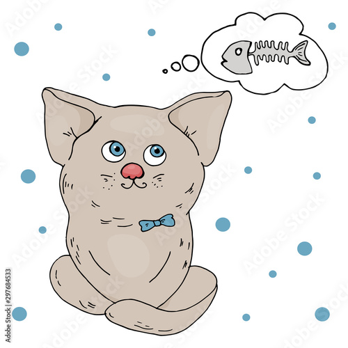 Cute grey cat dreams of fish. Hand-drawn.