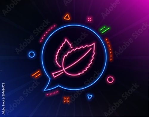 Mint leaves line icon. Neon laser lights. Herbal leaf sign. Tea with Mentha symbol. Glow laser speech bubble. Neon lights chat bubble. Banner badge with mint leaves icon. Vector