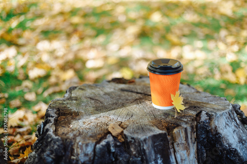 Coffee to go among fall leaves. Cup of coffee on a stump in the autumn park. Fall picnic consept.