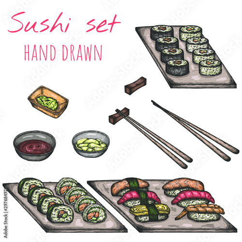 Sushi hand drawn set, vector isolated set of various sushi plates, chopsticks, wasabi, soy sauce and ginger spices.