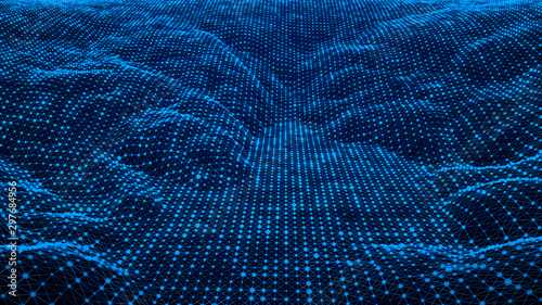 Technology wave of particles landscape beautiful wave shaped array of glowing dots abstract background with a lines dynamic wave big data