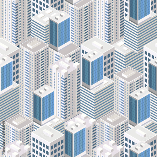 Seamless pattern isometric urban megalopolis top view of the city infrastructure town  street  houses  architecture 3d elements different buildings